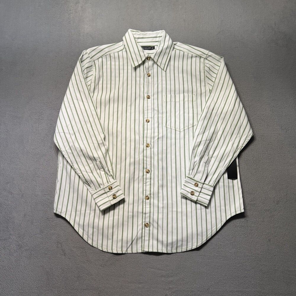 Emerson Lang Mens M Button Up Shirt White Green Striped Long Sleeve Pocket NWT